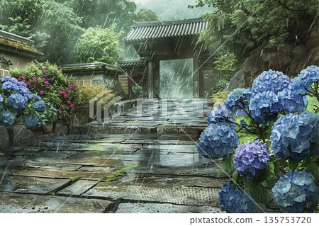 一幅水彩插畫，描繪了雨季裡，鵝卵石路上盛開著美麗而富有詩意的繡球花，這條路通往一座古老的寺廟。 135753720