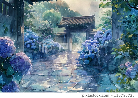 一幅水彩插畫，描繪了雨季裡，鵝卵石路上盛開著美麗而富有詩意的繡球花，這條路通往一座古老的寺廟。 135753723