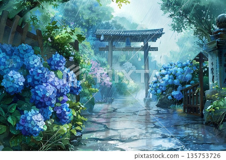 一幅水彩插畫，描繪了雨季裡，鵝卵石路上盛開著美麗而富有詩意的繡球花，這條路通往一座古老的寺廟。 135753726