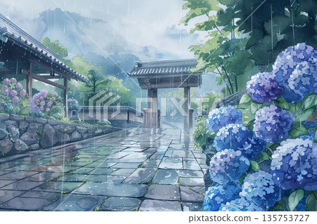 一幅水彩插畫，描繪了雨季裡，鵝卵石路上盛開著美麗而富有詩意的繡球花，這條路通往一座古老的寺廟。 135753727