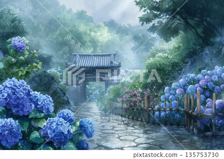 一幅水彩插畫，描繪了雨季裡，鵝卵石路上盛開著美麗而富有詩意的繡球花，這條路通往一座古老的寺廟。 135753730