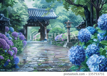 一幅水彩插畫，描繪了雨季裡，鵝卵石路上盛開著美麗而富有詩意的繡球花，這條路通往一座古老的寺廟。 135753731