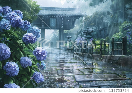 一幅水彩插畫，描繪了雨季裡，鵝卵石路上盛開著美麗而富有詩意的繡球花，這條路通往一座古老的寺廟。 135753734