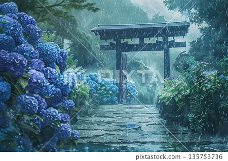 一幅水彩插畫，描繪了雨季裡，鵝卵石路上盛開著美麗而富有詩意的繡球花，這條路通往一座古老的寺廟。 135753736