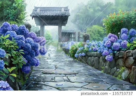 一幅水彩插畫,描繪了雨季裡,鵝卵石路上盛開著美麗而富有詩意的繡球花,這條路通往一座古老的寺廟。 一幅水彩插畫,描繪了雨季裡,鵝卵石路上盛開著美麗而富有詩意的繡球花,這條路通往一座古老的寺廟。 135753737