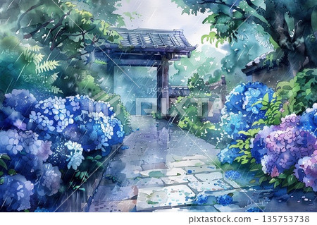 一幅水彩插畫，描繪了雨季裡，鵝卵石路上盛開著美麗而富有詩意的繡球花，這條路通往一座古老的寺廟。 135753738