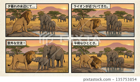 黃昏時分，一隻友善的獅子和一頭大象。 135753854