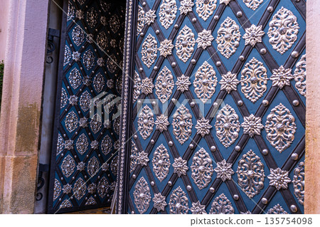 Ornate Double Doors with Blue and Silver Detailing Ornate Double Doors with Blue and Silver Detailing 135754098