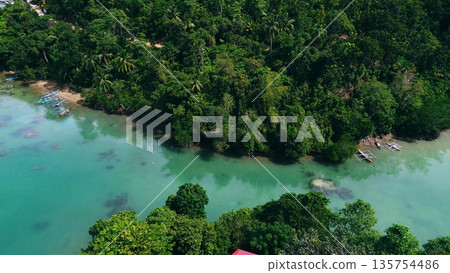 Aerial view of forested group of small islands famously known as the Sambulawan Islets or Tinagong Dagat in Sipalay, Negros Occidental, Philippines Aerial view of forested group of small islands famously known as the Sambulawan Islets or Tinagong Dagat in Sipalay, Negros Occidental, Philippines 135754486