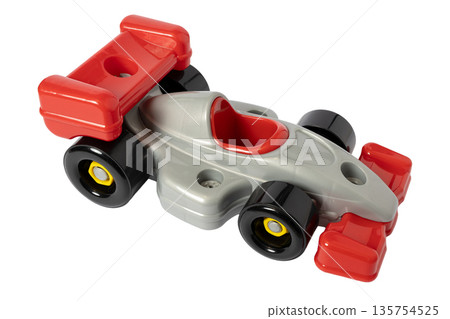Plastic toy racing car with red and silver colors isolated on white background Plastic toy racing car with red and silver colors isolated on white background 135754525