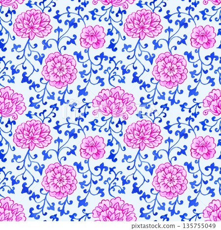 Watercolor style chinoiserie seamless pattern with pink flowers and blue leaves Watercolor style chinoiserie seamless pattern with pink flowers and blue leaves 135755049