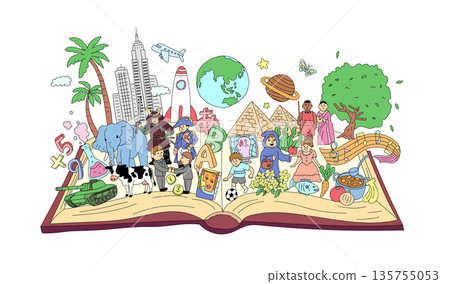 Educational illustrations that express the world and learning that can be expanded through books 135755053