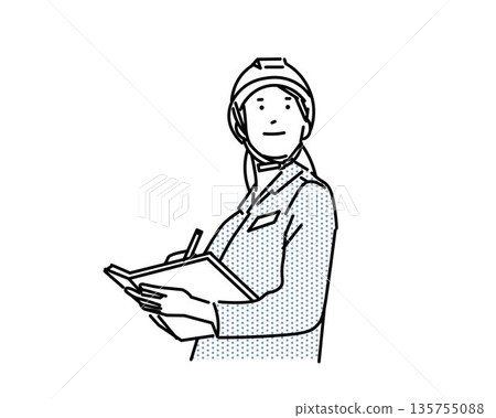 Business person holding documents - Woman in work clothes - Upper body - Woman wearing a helmet - Vector illustration Business person holding documents - Woman in work clothes - Upper body - Woman wearing a helmet - Vector illustration 135755088
