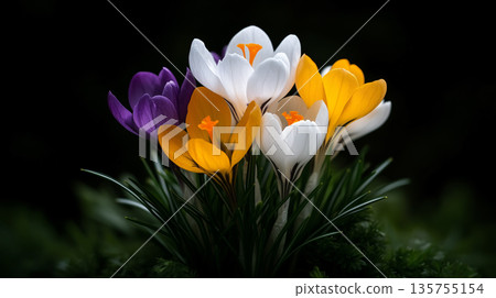 A field of crocuses in various shades of purple, yellow and white, with dewdrops on their petals in the soft morning light	 135755154