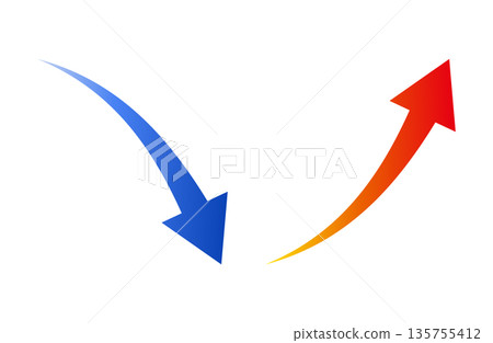 A set of vector illustrations of a red rising arrow pointing upward to the right and a blue falling arrow pointing downward to the right A set of vector illustrations of a red rising arrow pointing upward to the right and a blue falling arrow pointing downward to the right 135755412