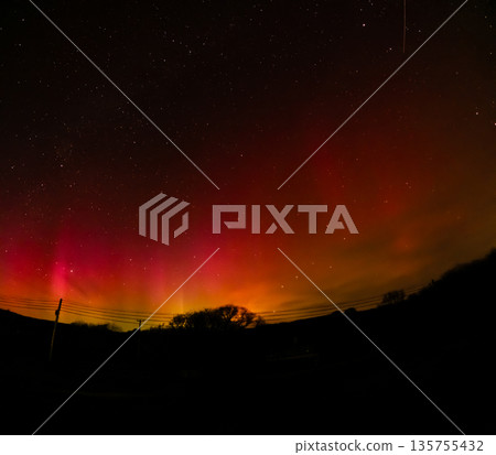 The Aurora Borealis, the northern lights, showing up above bungalow in County Donegal, Ireland 135755432