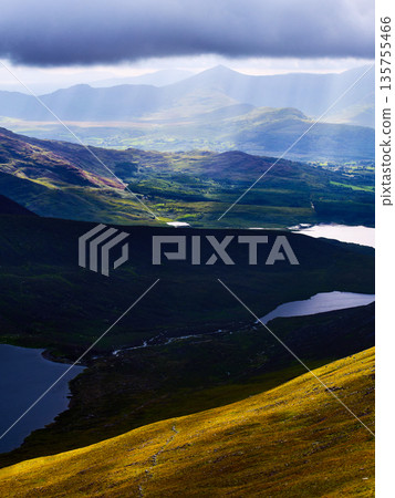 Scenic vista featuring Killarney Lakes and green hills bathed in soft light during a cloudy day in County Kerry, Ireland. 135755466