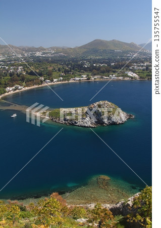 Bird`s-eye view of gumusluk, (Bodrum) and the island 135755547