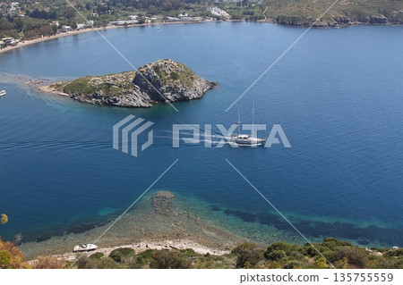 Bird`s-eye view of gumusluk, (Bodrum) and the island 135755559