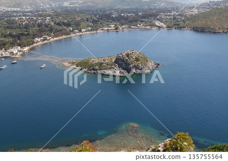 Bird`s-eye view of gumusluk, (Bodrum) and the island 135755564