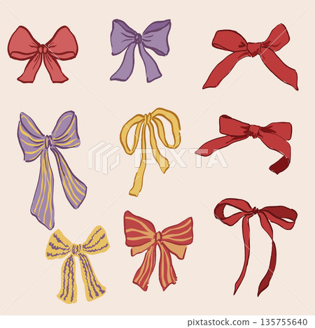 Vector set of red, yellow and violet bows. Hand-drawn gift ribbons isolated on white background. Holiday illustration for design, print, fabric or background. Vector set of red, yellow and violet bows. Hand-drawn gift ribbons isolated on white background. Holiday illustration for design, print, fabric or background. 135755640
