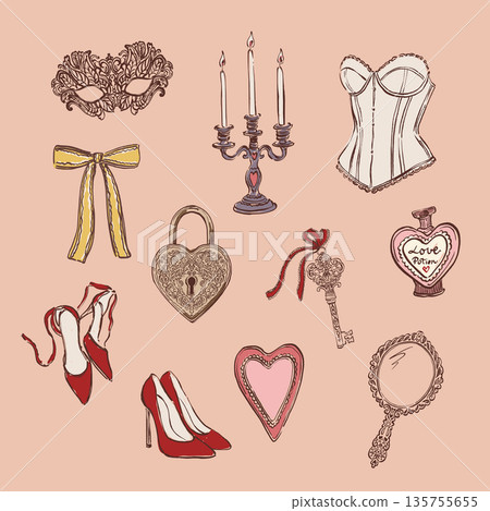 Vector set with illustration of shoes, mirror, corset, key, lock and mask. Romantic love symbol perfect for Valentines Day holiday, wedding designs, posters, invitations and festive decor. 135755655