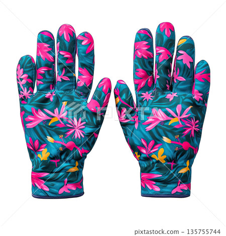Colorful gardening gloves with floral design on a white isolate background. 135755744