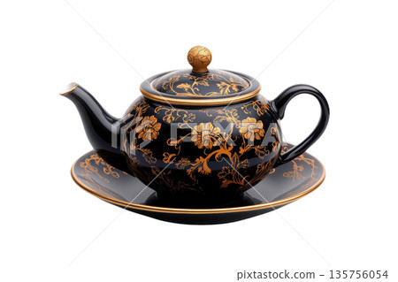 Elegant black teapot with gold floral patterns, accompanied by a matching saucer, perfect for tea enthusiasts and stylish dining. 135756054