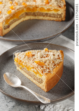 Homemade vegetarian pie with dried apricots and ground nuts close-up in a plate. Vertical Homemade vegetarian pie with dried apricots and ground nuts close-up in a plate. Vertical 135756081