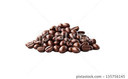 A close-up image of a pile of rich, roasted coffee beans, perfect for showcasing coffee culture and culinary creativity. 135756145