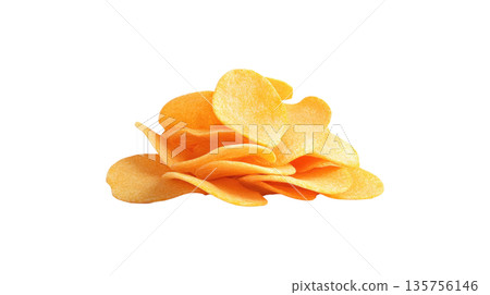 A close-up view of crispy potato chips stacked on a black background, perfect for snack-related themes and food photography. 135756146