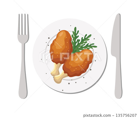 Fried chicken drumsticks with arugula and cutlery. Fried chicken legs on plate with fork and knife. Food illustration. 135756207