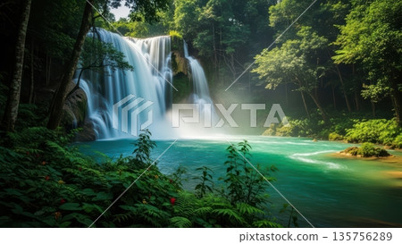 Beautiful Waterfall In Lush Green Forest With Sunbeams. AI Generated 135756289