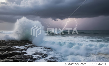 Dramatic Lightning Storm Over Crashing Ocean Waves. AI Generated 135756291