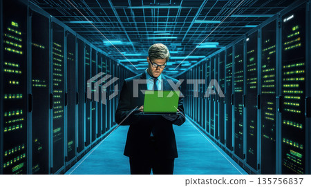 System administrator works in server room, managing network security and data processing systems, artificial intelligence technology. 135756837