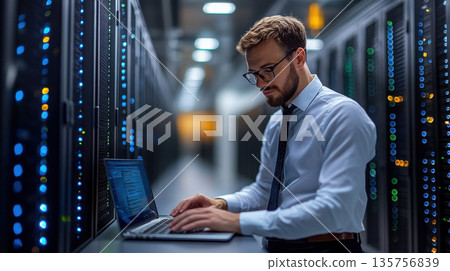 Confident IT Technician in Server Room. A confident IT technician stands in modern data center, surrounded by orange-lit servers, looking directly at camera. 135756839
