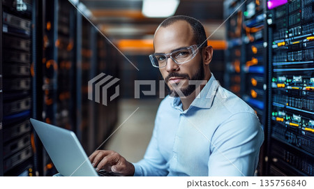 System administrator works in server room, managing network security and data processing systems, artificial intelligence technology. 135756840