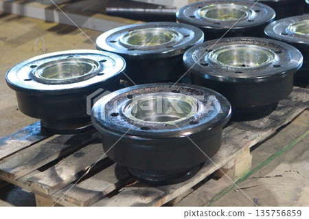 The wheel of a trolley, a wagon for rails. Mechanical engineering. Finished products. The wheel of a trolley, a wagon for rails. Mechanical engineering. Finished products. 135756859