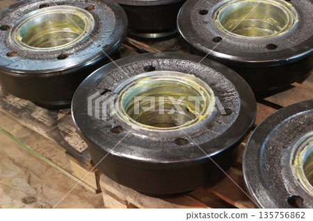 The wheel of a trolley, a wagon for rails. Mechanical engineering. Finished products. 135756862