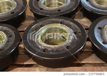 The wheel of a trolley, a wagon for rails. Mechanical engineering. Finished products. 135756863