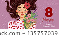 Happy women's day card with beautiful girl holding flowers. flat banner. 135757039