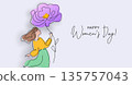 International Women's Day greeting card. Illustration with one line woman and big flower 135757043