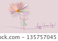 International Women's Day greeting card. Illustration with one line woman and big flower 135757045
