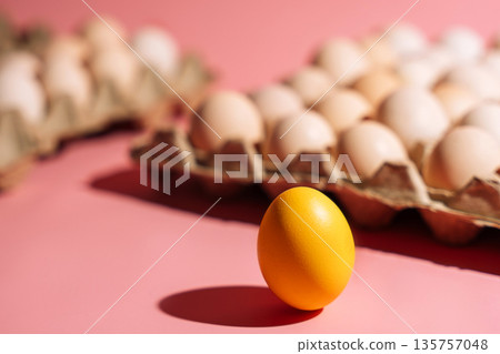 Yellow Easter egg standing on pink background with egg cartons in blur 135757048