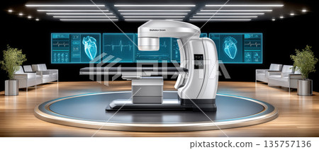 Advanced medical imaging room with flatbed scanner patient table and healthcare diagnostic monitors showing heart data in sleek clinical interior 135757136