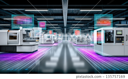High tech industrial smart factory with automated machines glowing neon and digital interfaces futuristic production floor showing efficiency 135757169