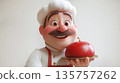 Cheerful cartoon chef demonstrates a dish, standing confidently in cozy kitchen filled with pots of herbs and utensils. 3D animated scene. 135757262
