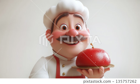 Cheerful cartoon chef demonstrates a dish, standing confidently in cozy kitchen filled with pots of herbs and utensils. 3D animated scene. Cheerful cartoon chef demonstrates a dish, standing confidently in cozy kitchen filled with pots of herbs and utensils. 3D animated scene. 135757262