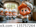 Friendly cartoon chef red beard and white uniform standing open arms and smiling, in background kitchen. Stylized 3D illustration for food concepts. 135757264