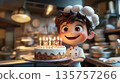 Animated male chef proudly holding birthday cake with candles in stylized kitchen filled with flames. 3d Dynamic and humorous illustration. 135757266